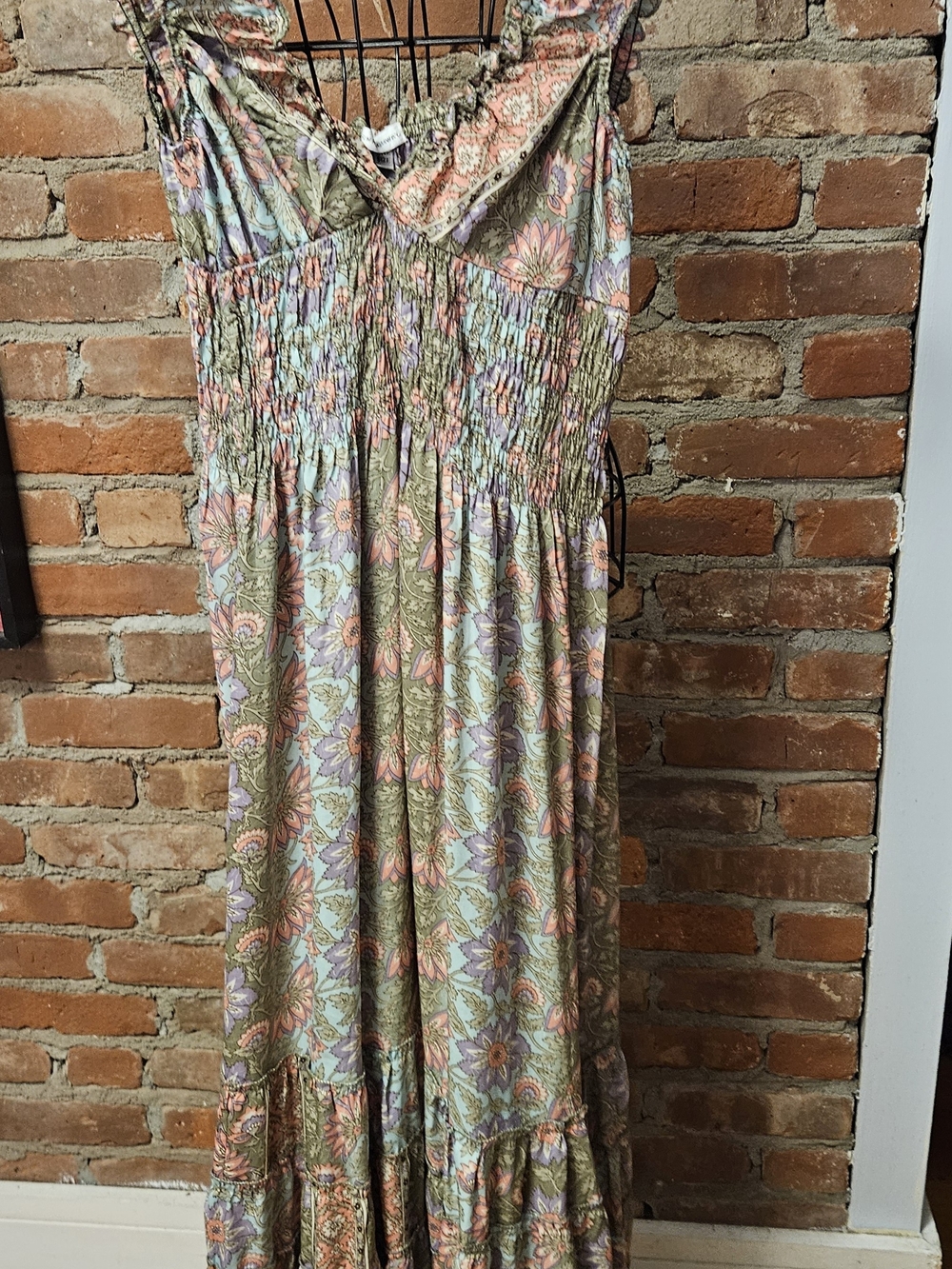 Bohemian Soft Flowy Floral Smocked Maxi Dress in Sage and Coral